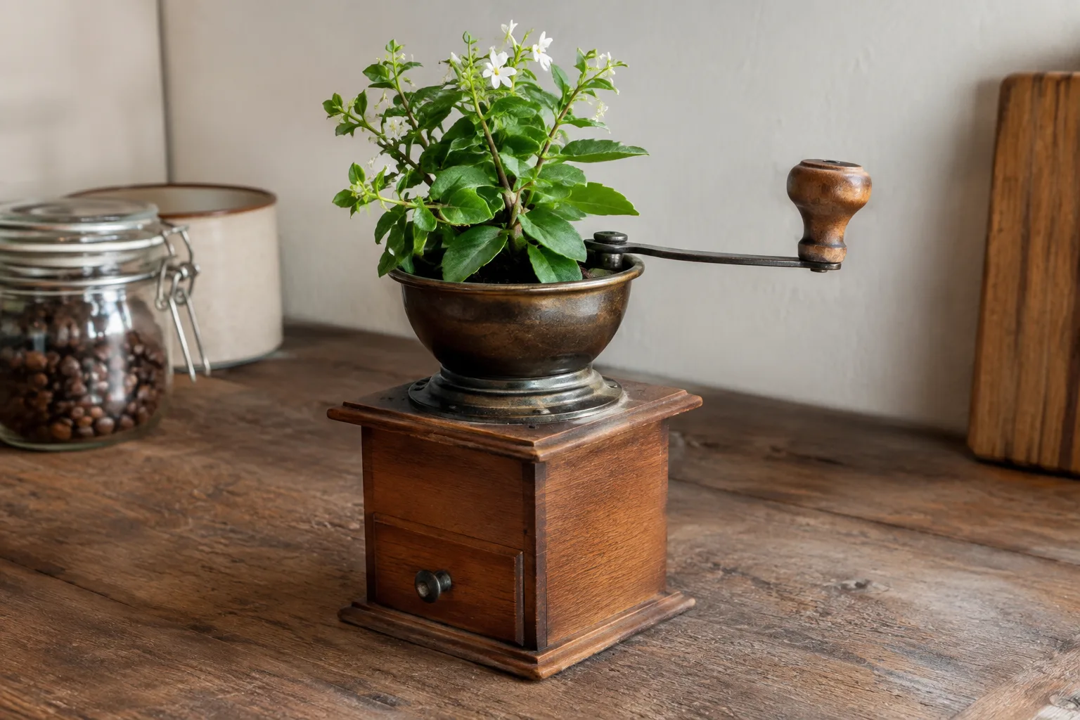 Wie du eine nicht mehr funktionierende Kaffeemuehle zum Blumentopf umfunktionierst